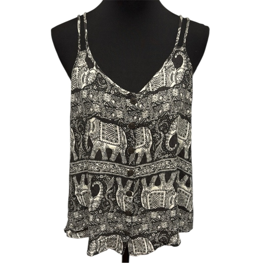 Maurices Small Black White Elephant Print Boho Festival Swing Tank Cami